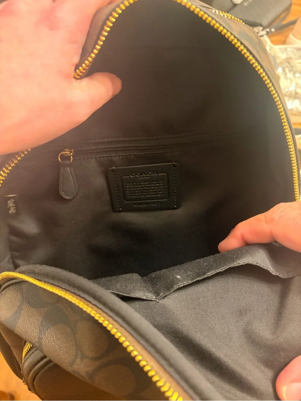 Coach Signature Canvas Backpack in Dark Brown and Black with Gold Hardware